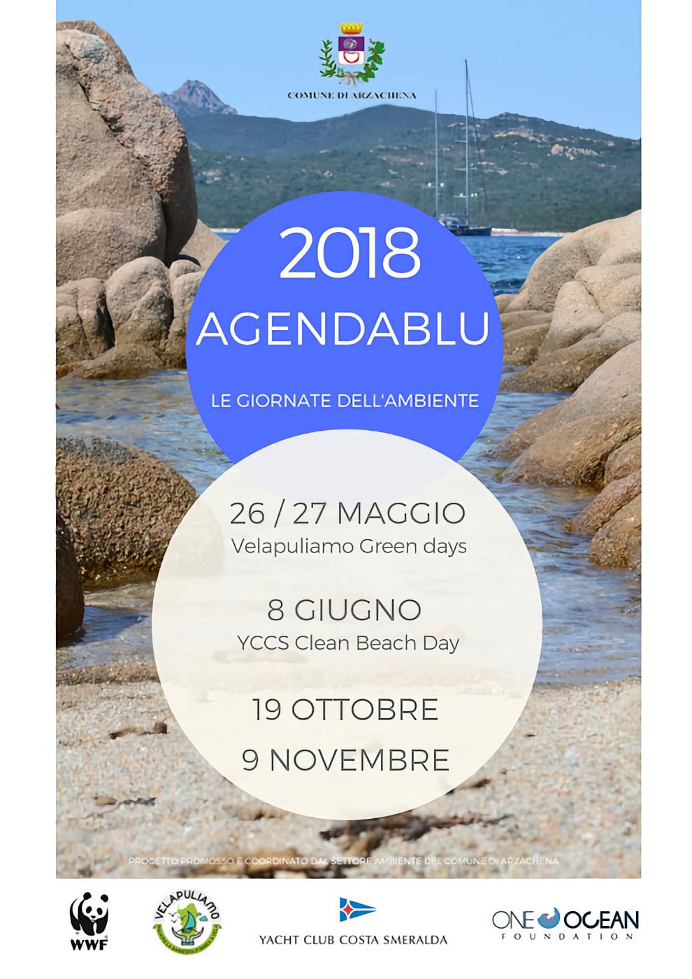 Agendablu's 2018 flyer, with a short recap of the program and a beach in the background